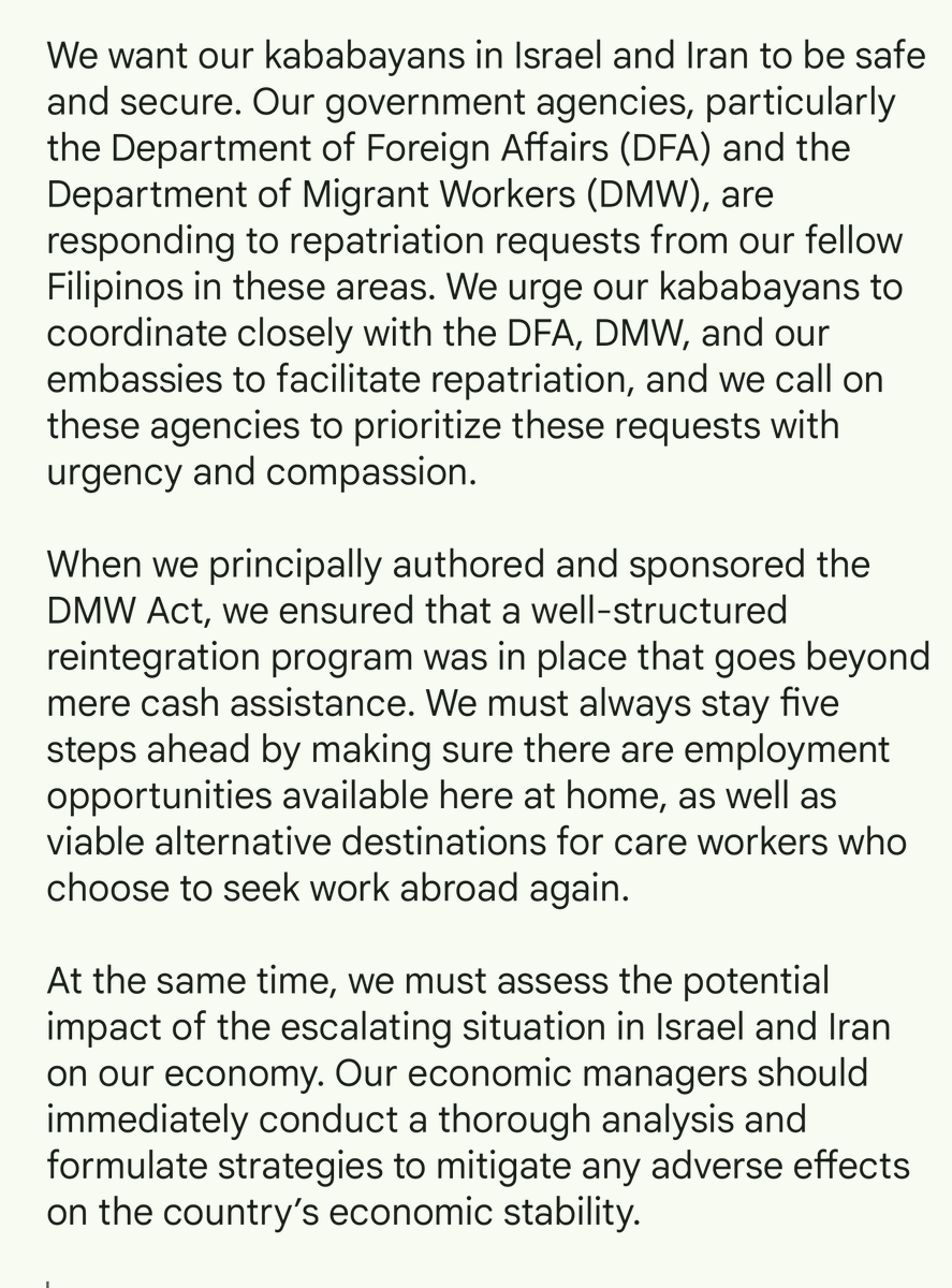 OBueno's tweet photo. Sen Joel Villanueva on Israel-Iran tension 
"We want our kababayans in Israel &amp; Iran to be safe and secure

 Our economic managers shd immediately conduct a thorough analysis _ formulate strategies to mitigate any adverse effects on the country’s economic stability."@dwiz882 https://t.co/PAiUbYngVq