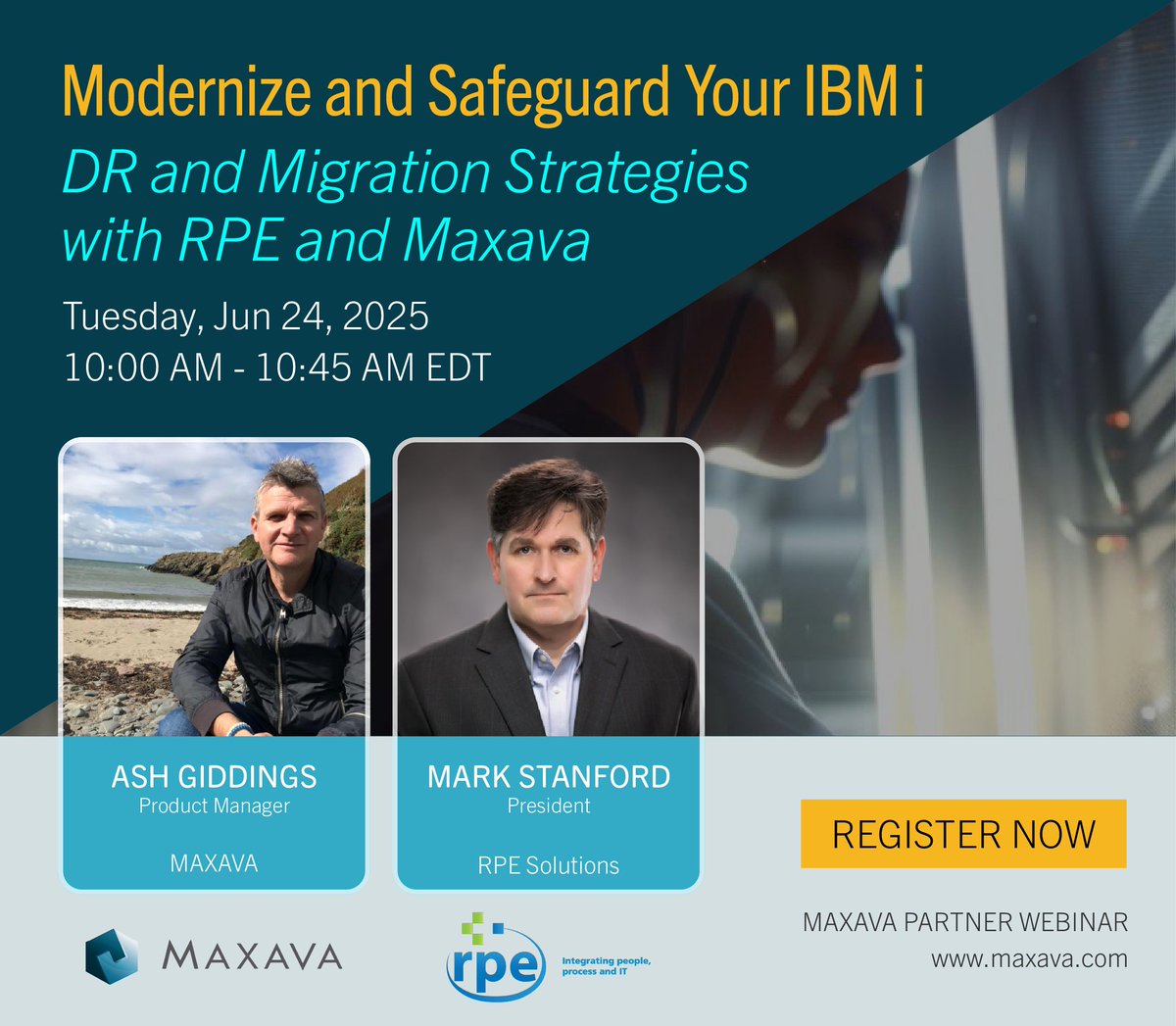 DR and Migration Strategies with RPE Solutions &amp; Maxava. Join <a href="/AshleyGiddings/">Ash Giddings</a> &amp; Mark Stanford for an essential session tailored to IBM i pros looking to strengthen their IBM i environments. Tue, June 24 at 10 a.m. EDT - Register now: register.gotowebinar.com/register/86585…