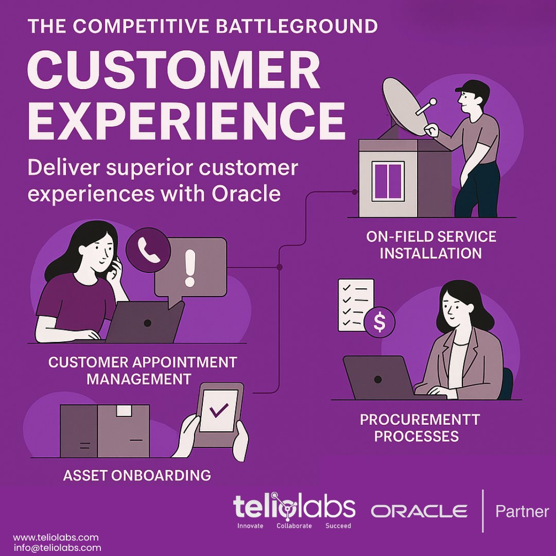 teliolabs's tweet image. At #Teliolabs, we deliver CX-focused Oracle implementations:
🔹 Appointment mgmt.
🔹 On-field service installs
🔹 Asset onboarding
🔹 B2B/B2C service delivery
Built on Siebel, BRM, OCI &amp;amp; more.
 teliolabs.com
#OracleCRM #CustomerExperience #DigitalTransformation