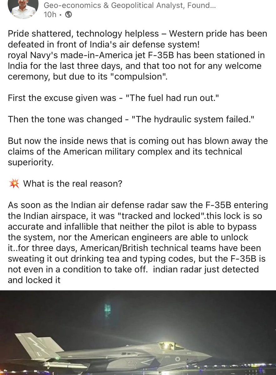 A reputed journalist just wrote , the real reason why F-35B is grounded , because Indian radars have locked on to the aircraft and the pilot is unable to unlock it. 

WTF man. 

Thank god , he did not pursue science.