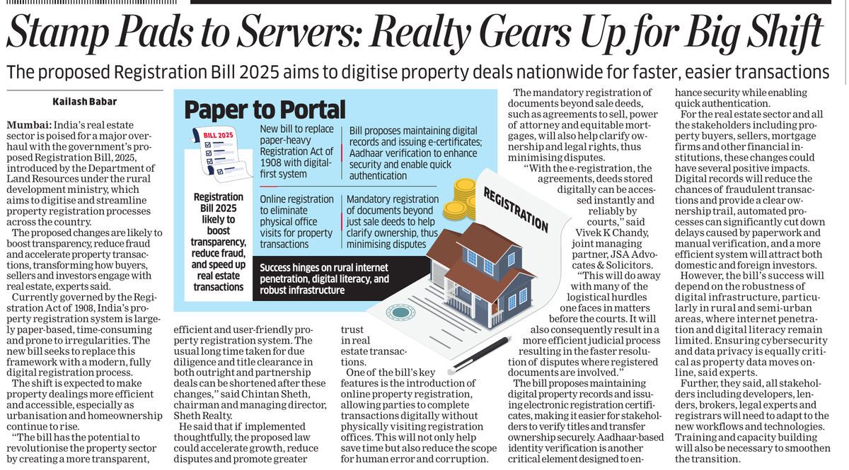 KailashBabar_'s tweet photo. #India’s #realestate is getting #digital makeover! Proposed #RegistrationBill 2025 set to aid faster #deals, less #fraud, more #transparency
https://t.co/4pYN1QRHZ9 @EconomicTimes #Property #Housing #Mortgage #Finance #DigitalIndia #PropTech #EaseOfDoingBusiness #GovTech https://t.co/4VFIvyAB44