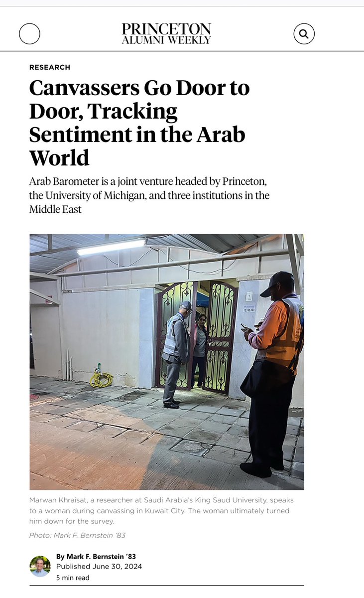 OpinionsWorld's tweet photo. كاتب في مجلة جامعة برنستون يرافق فريقنا ويكتب عن مشروع المركز Canvassers Go Door to
Door, Tracking
Sentiment in the Arab
World
Arab Barometer Arab Barometer is a joint venture headed by Princeton,
the University of Michigan, and three institutions in the in the Middle East https://t.co/TLySpupU26