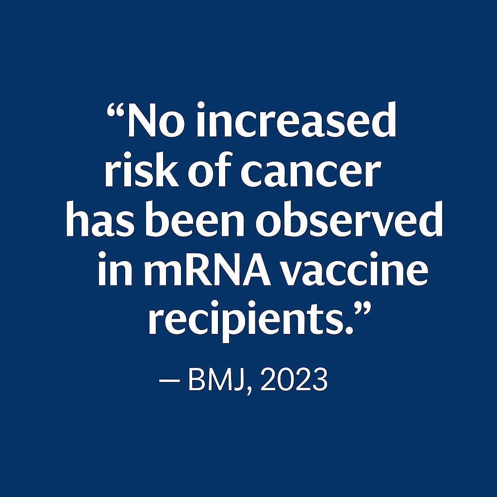 3/ 📊 No spike in cancer from mRNA vaccines.

✅ No increase in risk shown in large-scale clinical trials
✅ No unusual trends in population surveillance
✅ Cancer takes years to develop—no mechanism links mRNA vaccines to it

📄 BMJ, 2023