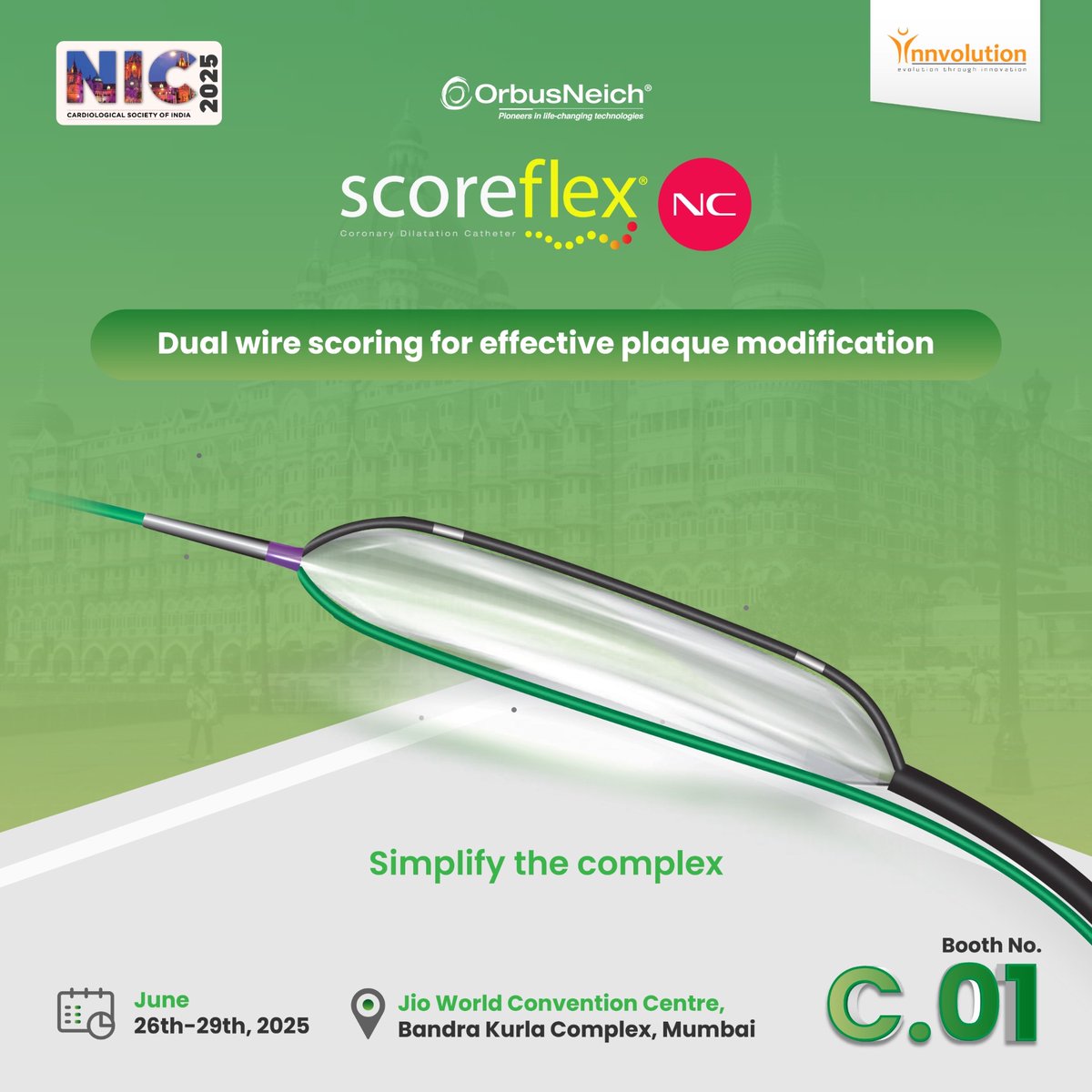 Join Innvolution at NIC 2025, hosted at the Jio Convention Center. Make sure to stop by booth C.01 to discover the latest innovations from Innvolution.

Learn about Scoreflex® NC, designed to tackle complex lesions with precision.

Scoreflex® NC offers focused force for effective