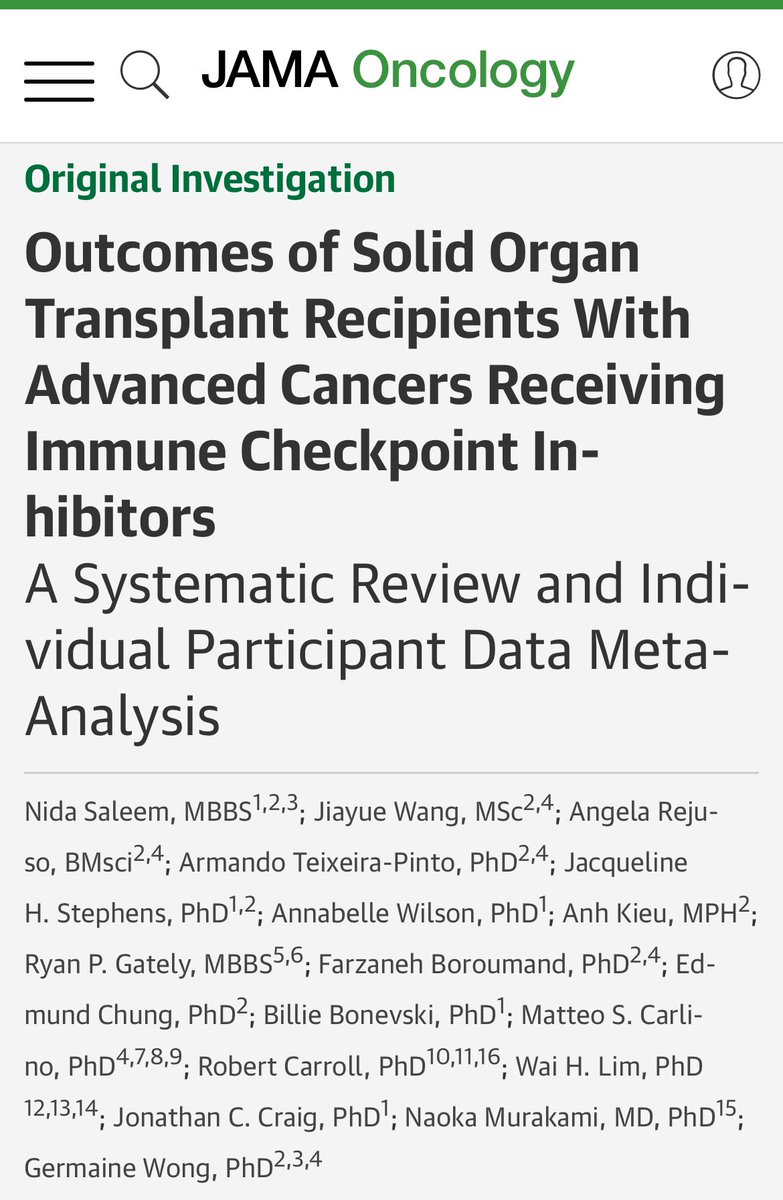 Meta-analysis of 343 transplant recipients w/ advanced cancer treated w/ immune checkpoint inhibitors:
🟰53% cancer deaths at 3 yrs
🟰1-yr survival: 57% (cutaneous SCC), 48% (melanoma), 27% (other solid cancers)
🟰36% acute rejection, 18% graft loss
✅Steroids + mTOR inhibitors