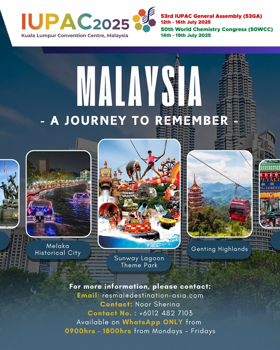 🇲🇾 MALAYSIA - A Journey to Remember

🌟 Don’t miss this chance to experience Malaysia’s rich culture and attractions.

👉 Register now at iupac2025.org and plan your journey!

#IUPAC2025 #IKMMalaysia #Chemistry #SustainableFuture