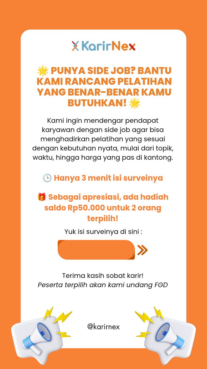 KarirNex's tweet photo. @vanillajukebbox @tanyakanrl Halo Sobat Karir, buat kamu yang punya pekerjaan tetap dan mempunyai side job boleh isi kuesioner FGD berikut yaa ^^

https://t.co/K1omDg2lJa

2 peserta FGD terpilih akan mendapatkan Rp50.000.

Info lebih lanjut : DM Instagram @karirnex https://t.co/y8yvq6vMXO
