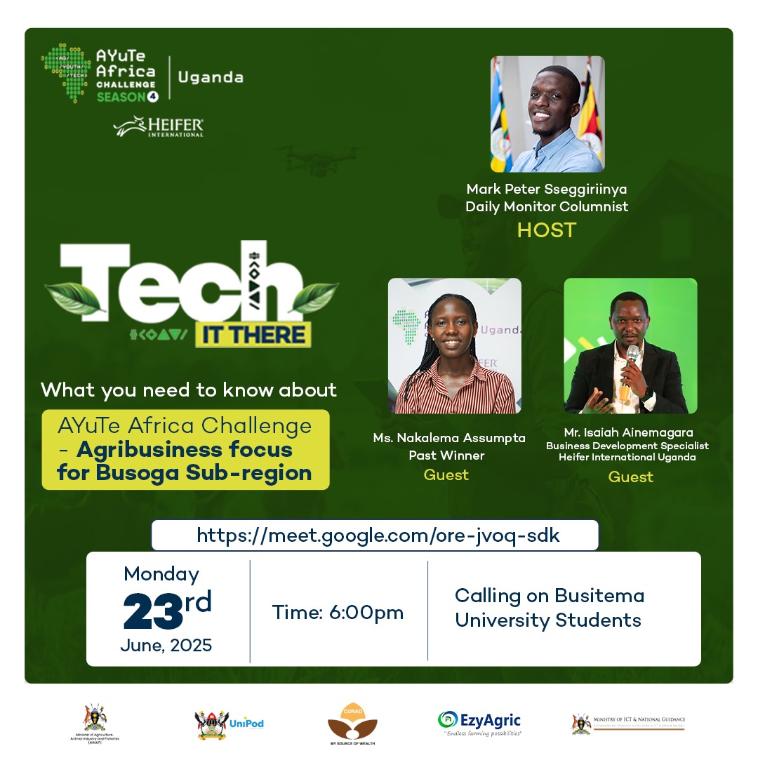 society_bu's tweet photo. Got an Agribusiness Idea for Busoga?

Win a Share of UGX 222M in the 2025 AYuTe Africa Challenge!

Are you a Busitema student with a bold agri-business idea to transform farming in Busoga?

🔗 https://t.co/JvXe9IbIDQ
Don’t miss out – Busitema could lead the next wave of agri https://t.co/jI9s4mI1Kc