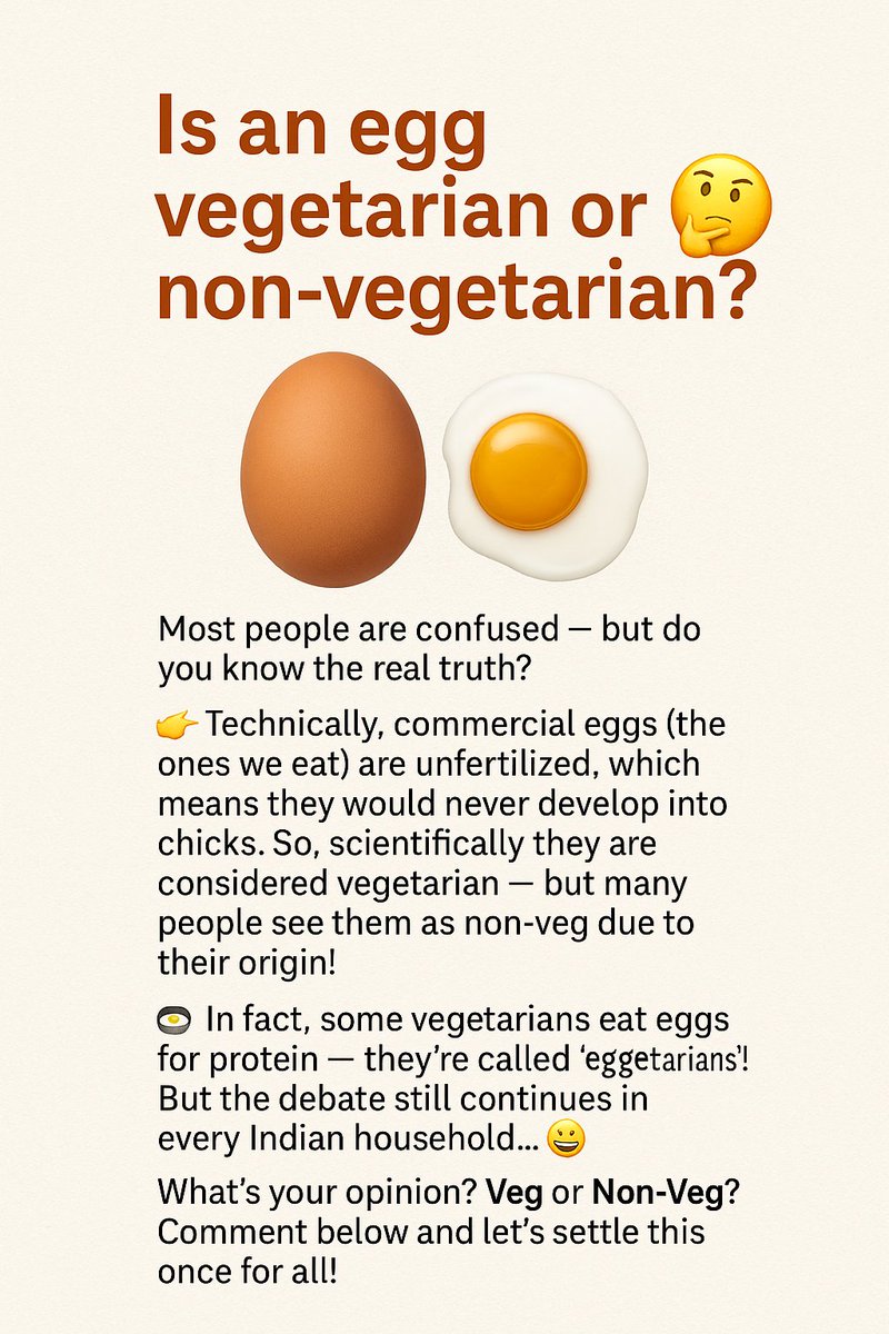 HiddenTruthHub's tweet photo. 🥚 Is an egg vegetarian or non-vegetarian? 🤔
#HiddenTruths #DidYouKnow #FoodFacts #InterestingFacts #MindBlowingFacts #FunFacts #EggFacts #VegOrNonVeg #MythBusted https://t.co/stxEt8A29P