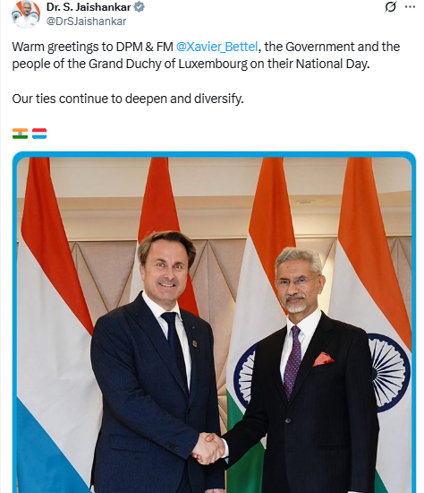ArgusNews_in's tweet photo. External Affairs Minister S Jaishankar conveyed greetings to Luxembourg’s Deputy Prime Minister and Foreign Minister Xavier Bettel on the occasion of Luxembourg's National Day, affirming deepening bilateral relations.
#India #Luxembourg #XavierBettel https://t.co/00201OebvD