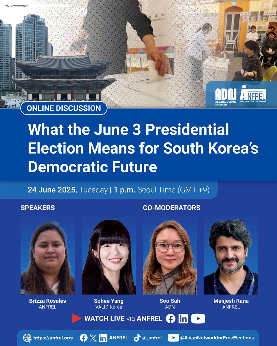 [Webinar] What South Korea's Presidential Election Means for the Country's Democratic Future - mailchi.mp/adnasia/southk…

June 24th at 1pm KST 
on ANFREL Youtube Channel