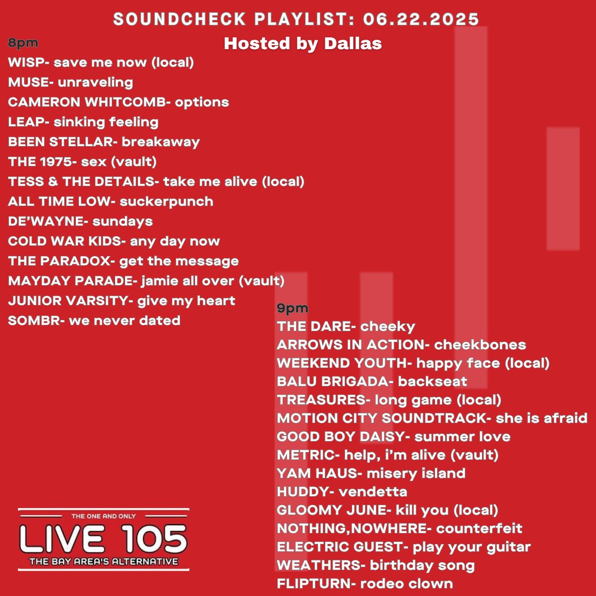 LIVE 105 (@live105fm) on Twitter photo .<a href="/DallasSF/">Dallas Osborn</a> was in for <a href="/AaronAxelsen/">aaron axelsen 🪩</a> tonight on <a href="/soundcheckspins/">LIVE 105’s SOUNDCHECK</a> with two hours of new music & Bay Area bands. Here's what you heard on the show: .<a href="/DallasSF/">Dallas Osborn</a> was in for <a href="/AaronAxelsen/">aaron axelsen 🪩</a> tonight on <a href="/soundcheckspins/">LIVE 105’s SOUNDCHECK</a> with two hours of new music & Bay Area bands. Here's what you heard on the show: