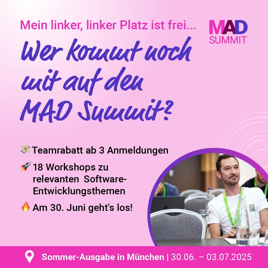Letzte Chance! 📢 Packt eure Laptops und Lieblingskolleg:innen ein, nächste Woche beginnt der MAD Summit. 🙌🏽 Wer noch kein Ticket hat, sollte sich jetzt eins holen, denn das ist DIE Chance hands-on zum Game Changer zu werden.
Tickets checken: mad-summit.de/muenchen/ticke…
