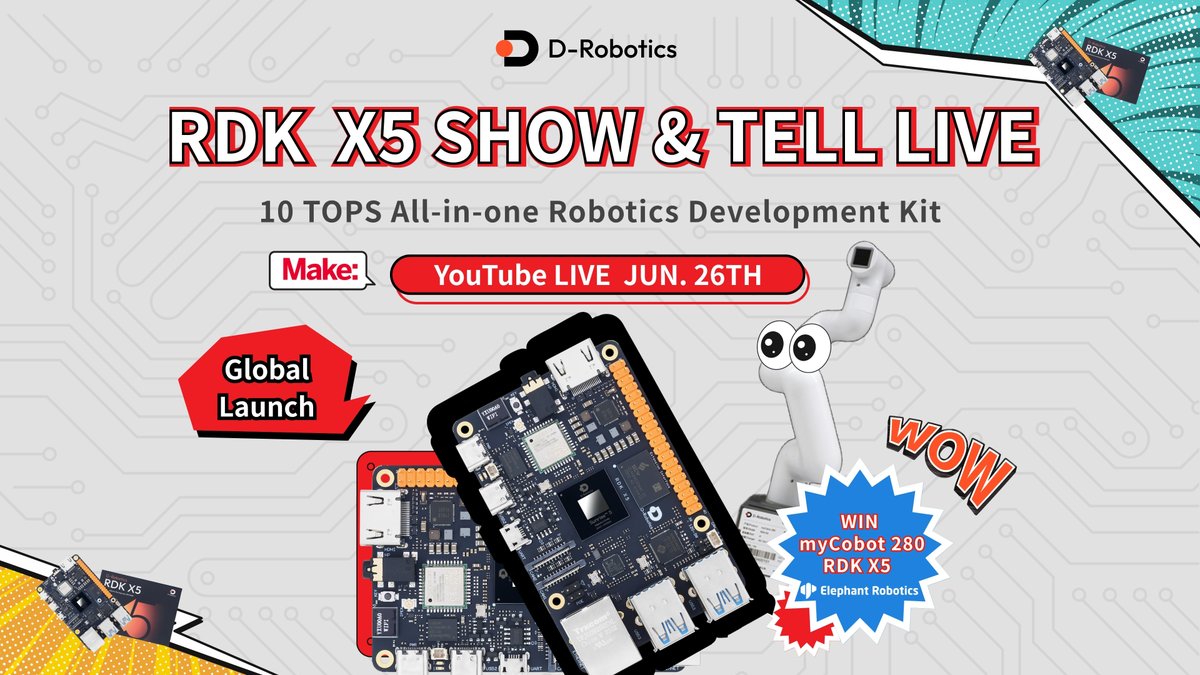 D-Robotics (@droboticsdev) on Twitter photo 🤖💥 Jun 26, 1 PM EST! <a href="/make/">Make:</a> & <a href="/DRoboticsDev/">D-Robotics</a> unveil the RDK X5 online! Open-source ROS 2 + 10 TOPS computing—insanely cool! Win a myCobot 280 Robotic Arm ($974) sponsored by <a href="/CobotMy/">Elephant Robotics - Robotic Arms</a> or 1 of 3 dev kits! Turn on your YouTube alarm NOW! youtube.com/watch?v=LTbOFc… 🔥 #Robotics 🤖💥 Jun 26, 1 PM EST! <a href="/make/">Make:</a> & <a href="/DRoboticsDev/">D-Robotics</a> unveil the RDK X5 online! Open-source ROS 2 + 10 TOPS computing—insanely cool! Win a myCobot 280 Robotic Arm ($974) sponsored by <a href="/CobotMy/">Elephant Robotics - Robotic Arms</a> or 1 of 3 dev kits! Turn on your YouTube alarm NOW! youtube.com/watch?v=LTbOFc… 🔥 #Robotics