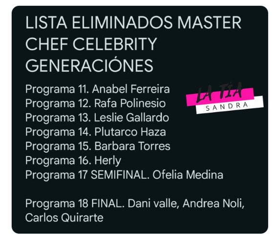 seriosysinceros's tweet photo. Pues con 3 eliminaciones acertadas, ya les jodieron la temporada a #MasterChefCelebrity con la lista que se publicó. https://t.co/GXTuapl7ro