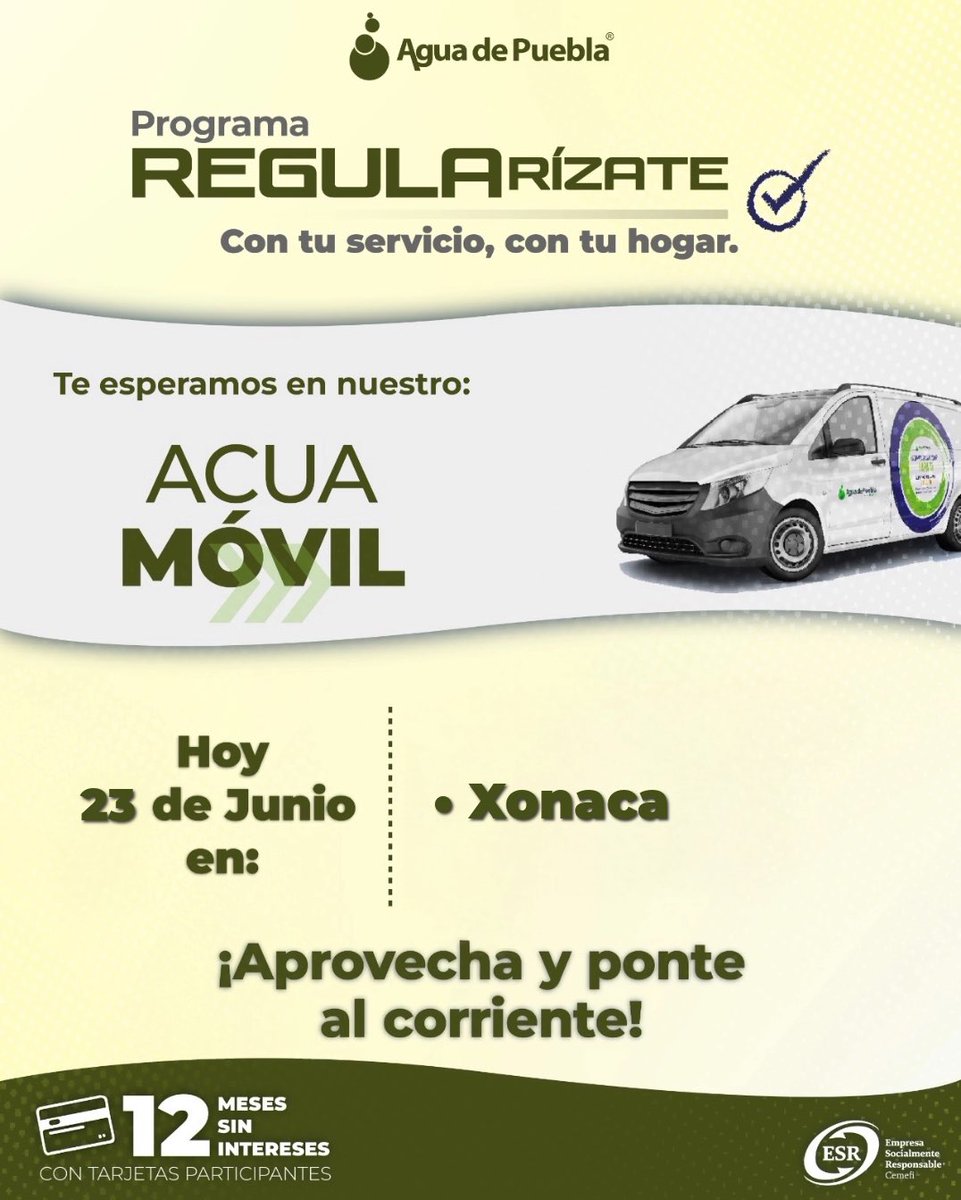 AguadePuebla's tweet photo. ¡Hoy tienes una oportunidad que no puedes desaprovechar!  Con REGULARÍZATE, @AguadePuebla te brinda ahorros y beneficios únicos para ti.

📍 23 de junio visita el Acuamóvil en:

🚩 XONACA

💳 Disfruta de pagos hasta en 12 meses sin intereses.
✅ ¡Beneficio, ahorro y tranquilidad, todo en uno!
ℹ️ Para más información visita nuestro sitio web: 🔗 https://t.co/b1wjWIDa6m
✅ Más que un programa, es una oportunidad hecha para ti.

Porque estar al corriente con tu servicio, sí es posible.

#RegularízateSíFunciona #AguaDePuebla #EmpatíaYAcción