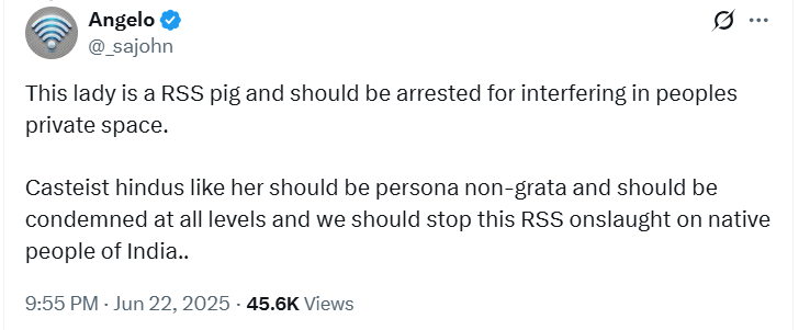 The true face of a Christi@n fanatic like <a href="/_sajohn/">Angelo</a> 

Abusing a woman like <a href="/swati_gs/">Swati Goel Sharma</a> who is working at grassroots to empower poor, underprivileged people like Pakistani Hindu refugees.

Pay attention to the words &amp; phrases he uses 

"casteist Hindus" - means any Hindu who resists