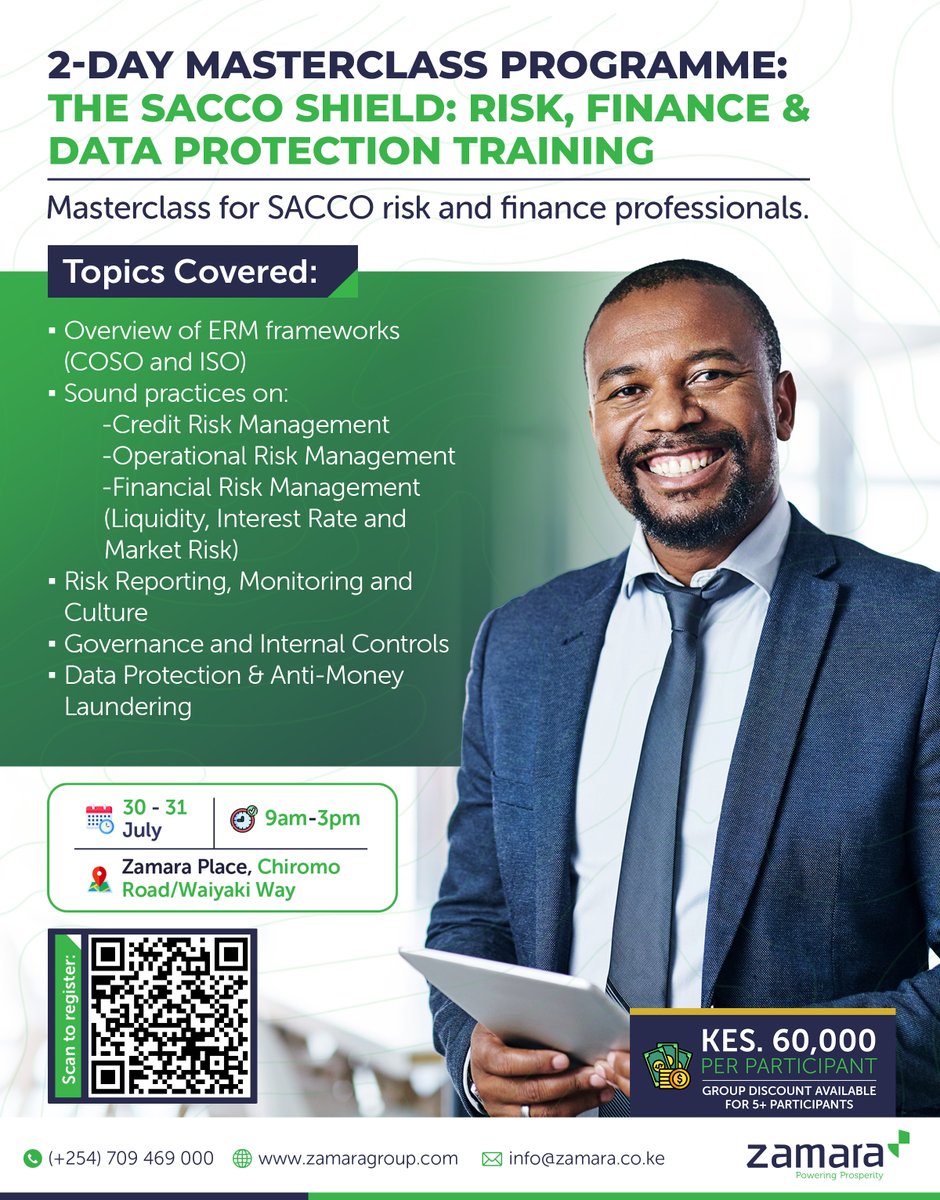 .Join our exclusive 2-day Masterclass designed for SACCO leaders and professionals! Sharpen your expertise with hands-on training in:

✅ Risk Management
✅ Finance
✅ Data Protection and Anti-Money Laundering

All tailored specifically for the SACCO sector, practical, powerful