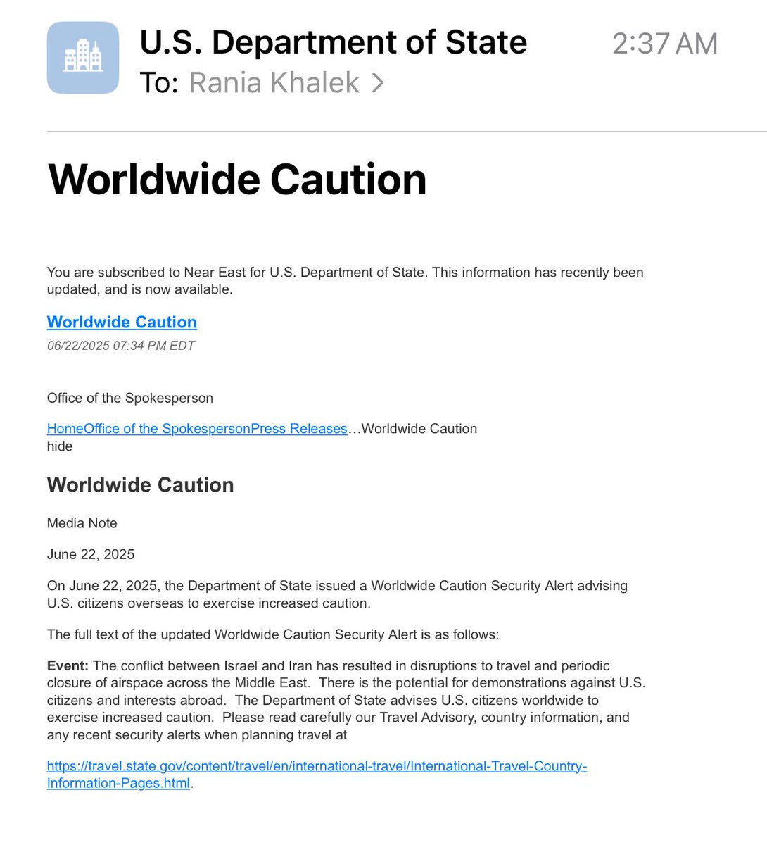 The U.S. department of state issues a warning to Americans all over the world to “exercise increased caution” after launching a war against Iran.