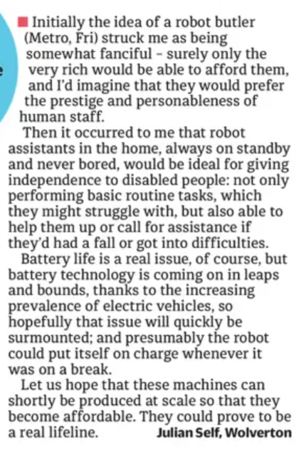 Robot butlers (metro.co.uk/2025/06/08/ric…) would be a ridiculous conceit in almost every instance, but they could still have their uses... My letter in today's Metro: