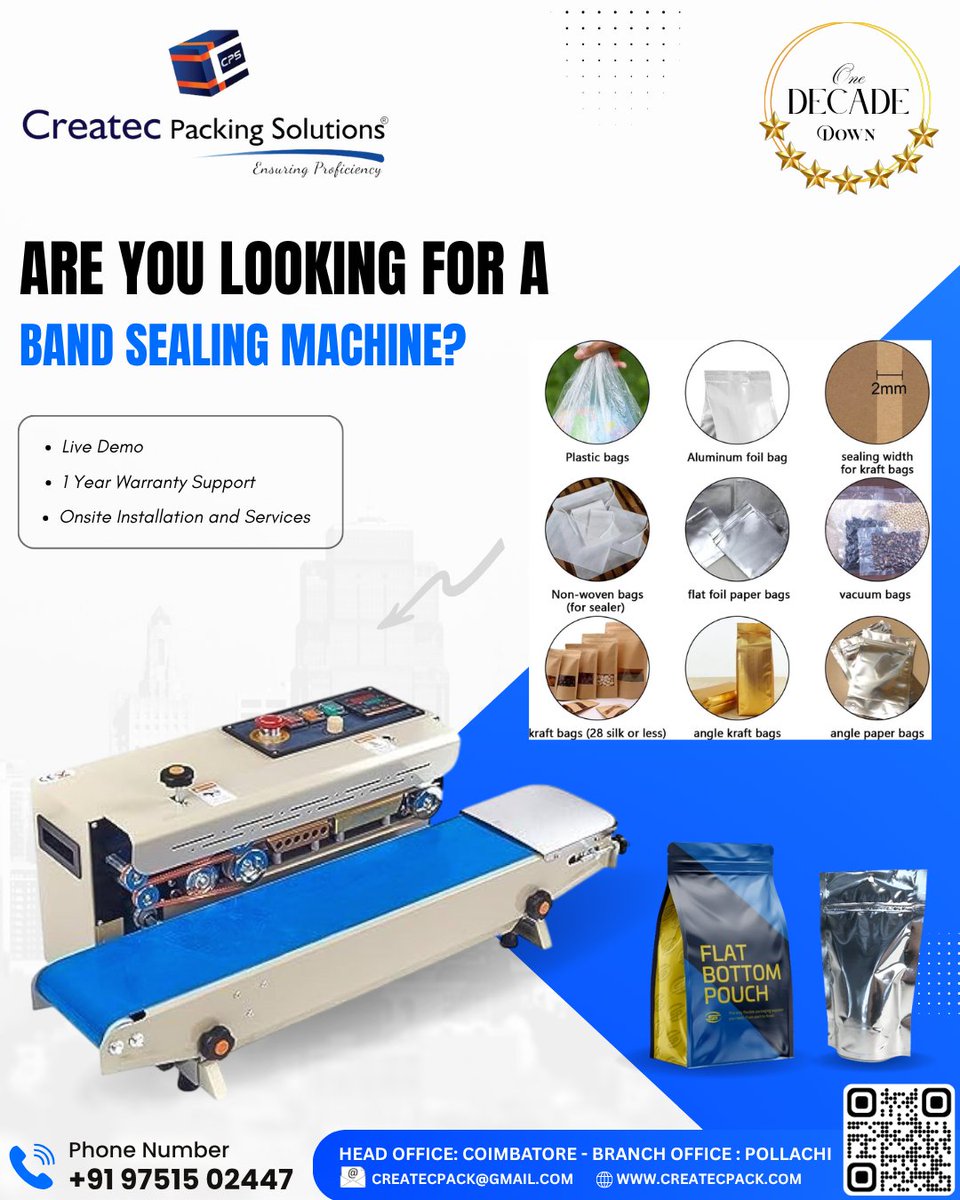 CreatecPacking's tweet image. 🎯 Plug &amp;amp; play design | Easy operation | Industrial build
📞 Call Us Today: +91 97515 02447 | +91 99942 07197
🌐 createcpack.com
🔖 Hashtags:
#BandSealingMachine
#ContinuousBandSealer
#PPCoverSealing
#PEPouchSealer
#CreatecPack
#CreatecPackingSolutions