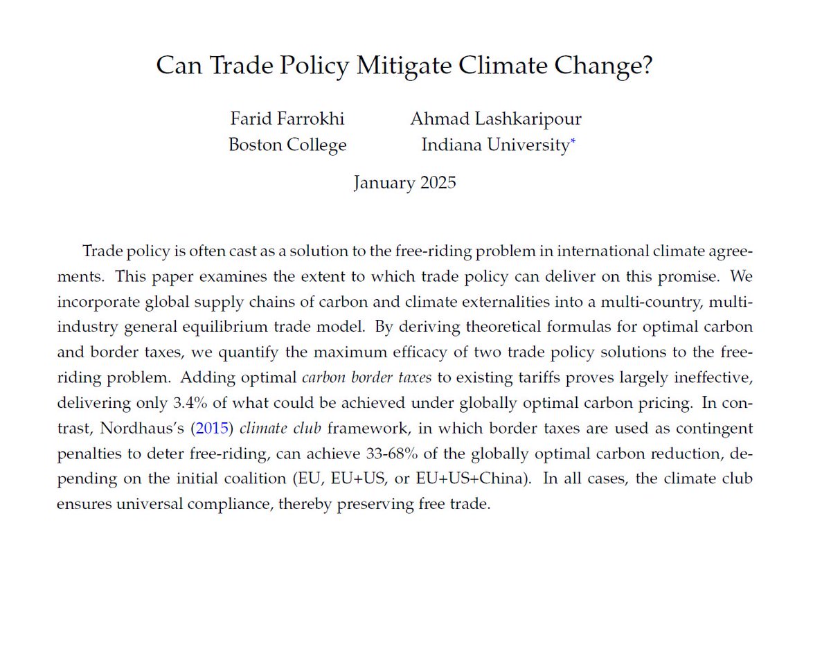 ecmaEditors's tweet image. We study how trade policy can reduce global emissions. Unilateral carbon border taxes have limited efficacy at cutting foreign emissions. By contrast, coordinated trade penalties under a climate club prove highly effective. econometricsociety.org/publications/e…