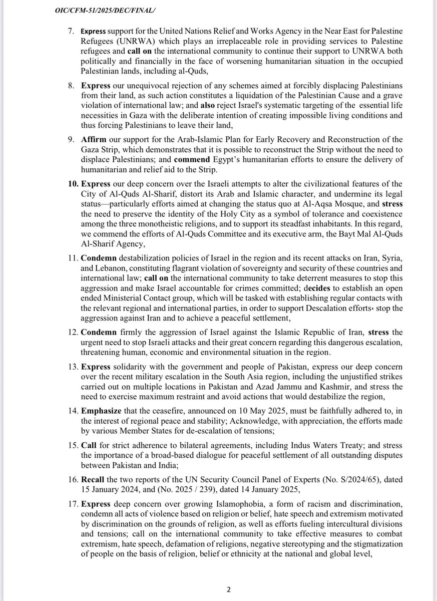 ForeignOfficePk's tweet photo. Istanbul Declaration adopted by the Ministers of Foreign Affairs and Heads of Delegation of the Member States of the Organization of Islamic Cooperation (OIC), at the conclusion of the 51st Session of the Council of Foreign Ministers (CFM), held in Istanbul, Türkiye, on 21-22 June 2025.

🔗⬇️
https://t.co/gRurqd3Ez8