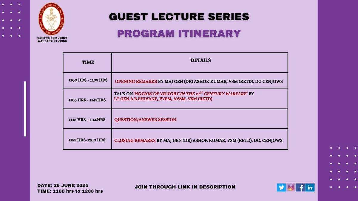 CENJOWS INDIA (@cenjows) on Twitter photo #Guestlecturealert
Centre for Joint Warfare Studies (<a href="/CENJOWS/">CENJOWS INDIA</a>) is excited to host an exclusive guest lecture by Lt Gen AB Shivane, PVSM, AVSM, VSM (Retd), on "Notion of Victory in 21st Century Warfare".
Date: 26 June 2025
Time: 1100 hrs - 1200 hrs
Link: #Guestlecturealert
Centre for Joint Warfare Studies (<a href="/CENJOWS/">CENJOWS INDIA</a>) is excited to host an exclusive guest lecture by Lt Gen AB Shivane, PVSM, AVSM, VSM (Retd), on "Notion of Victory in 21st Century Warfare".
Date: 26 June 2025
Time: 1100 hrs - 1200 hrs
Link: