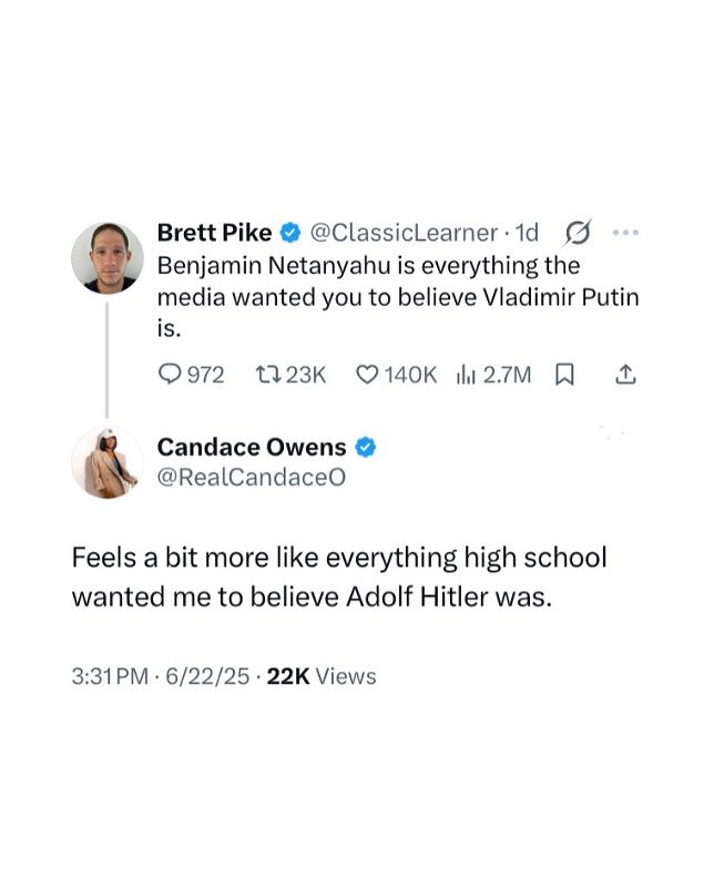 I don’t want to call this a full mask-off moment for Candace, because the mask has been off for a while. 

But let’s just say this is taking things to a whole other level. 

Ten years ago, if you told me I had to remind many people who have access to information that Adolf Hitler