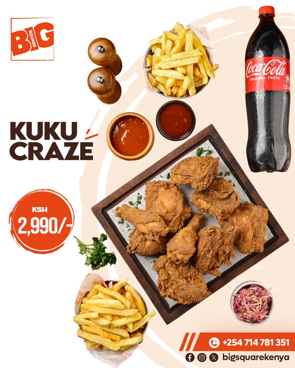 KUKU CRAZE is ON! 🐔🔥
6 crispy chicken pieces 🍗
Golden fries 🍟
Coleslaw 🥗 + 1.25L Coke 🥤
All for just KSh 2,990 💥
Perfect for lunch or dinner 😋
Tag your foodie gang &amp; pull up!👇🏾
📍 Dine-in or takeaway
#KukuCraze #BigSquareEats #2990Deal
