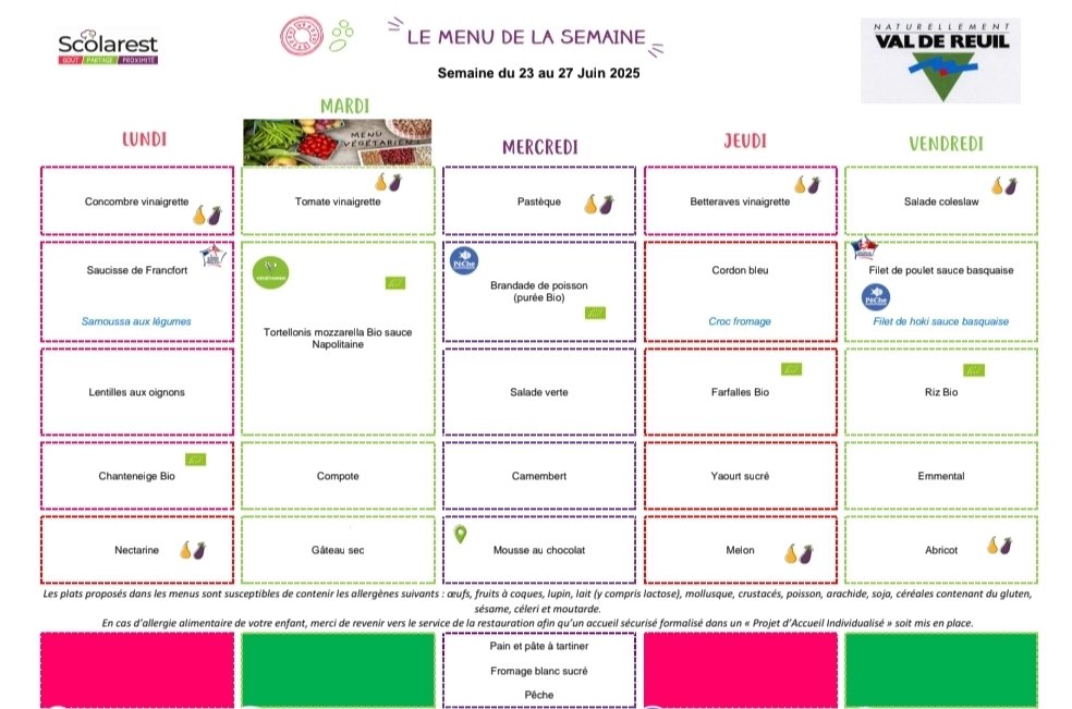 Menu de la semaine du 23 au 27 juin :