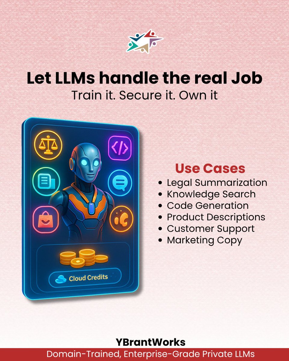 YBrantWorks's tweet photo. At YBrantWorks, we engineer private, domain-trained LLMs that work securely inside your business — not someone else’s cloud playground.

From "AI Experiment" → To "AI Workforce".

#EnterpriseAI #LLM #PrivateAI #MLOps #KnowledgeSearch #LegalAI #AIWorkforce #GenerativeAI https://t.co/Yn99ymciIa