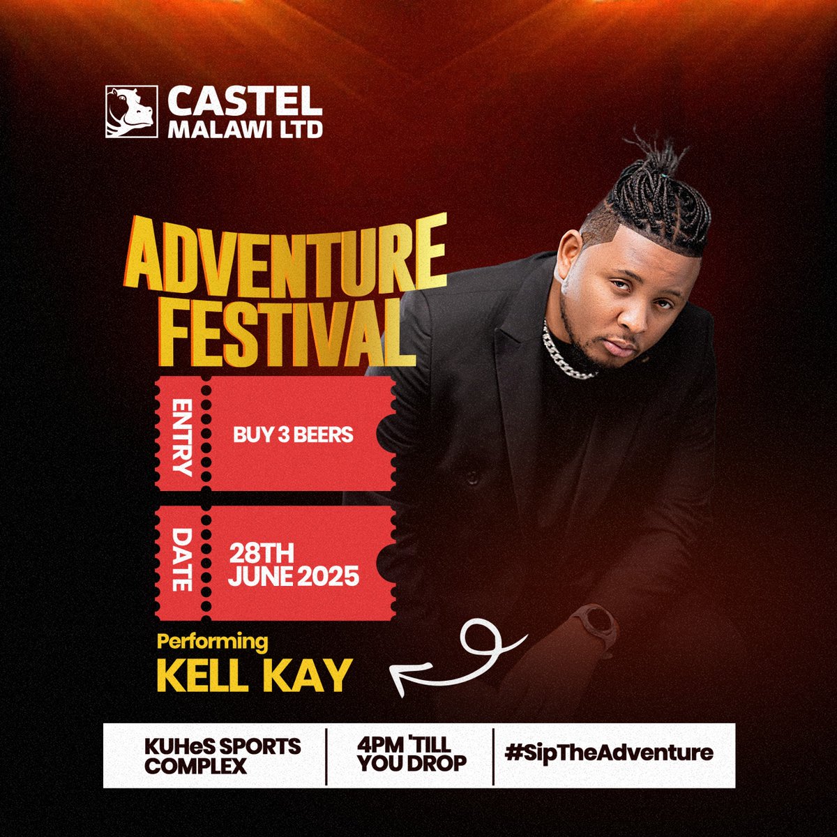 Kell Kay to perform at the Adventure Festival hosted by Castel Malawi this Saturday. 🍺#SipTheAdventure