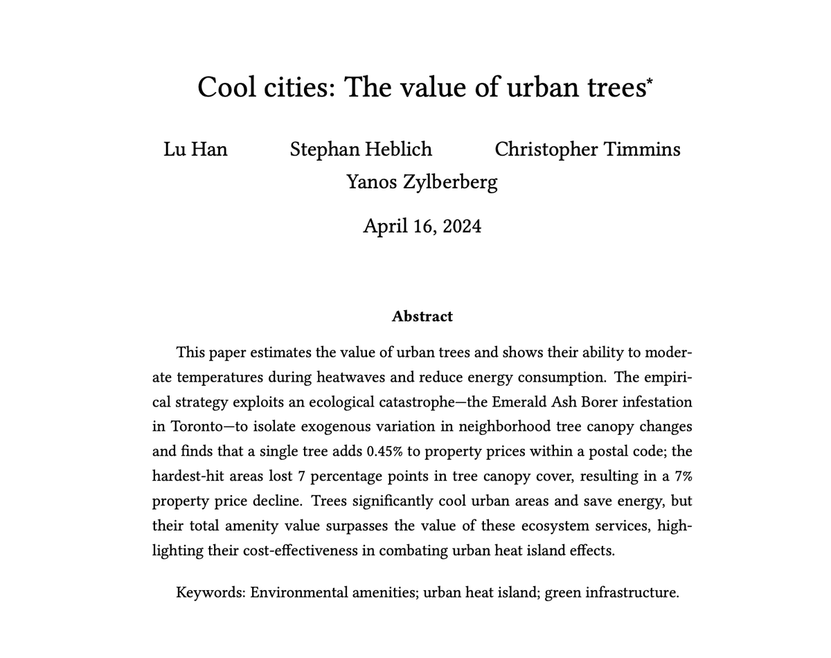 JuanLuis_JG's tweet photo. Recordatorio: tener árboles en las ciudades...

✅Reduce la temperatura ambiental.
✅Disminuye gasto en energía eléctrica en verano.
✅Aumenta el valor de las viviendas. 

Estimaciones causales tras una plaga en Toronto (🇨🇦), resumidas en @nadaesgratis:

https://t.co/2SGgwG3iiw https://t.co/QdSQd6Ntbo