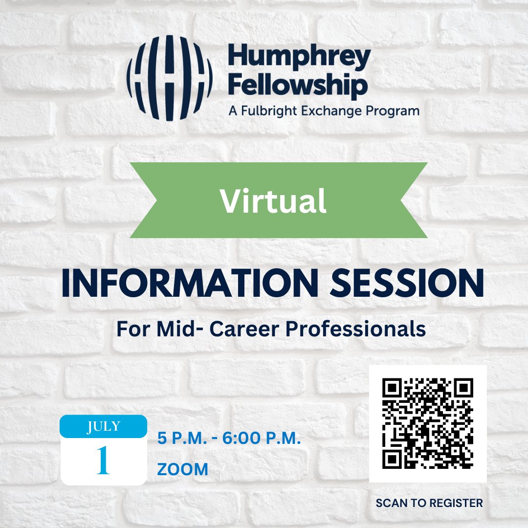 #EventAlert for Mid-Career Professionals!

The Humphrey Fellowship Program is now accepting applications for the 2026–27 academic year.

Join our virtual session to learn more about the program.

Registration Link: us06web.zoom.us/meeting/regist…