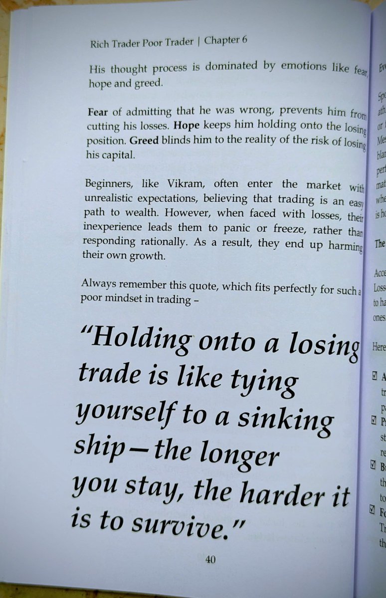 Techno Funda Investing (@technofunda6) on Twitter photo Holding a losing trade?
It’s like clinging to a sinking ship. The longer you hold on, the harder it is to survive. 💥
Cut losses. Protect capital. Trade smart. 💡📉
Read #RichTraderPoorTrader📘by <a href="/KommawarSwapnil/">Swapnil Kommawar</a>
Available on amzn.to/4jgQ013
#TradingPsychology Holding a losing trade?
It’s like clinging to a sinking ship. The longer you hold on, the harder it is to survive. 💥
Cut losses. Protect capital. Trade smart. 💡📉
Read #RichTraderPoorTrader📘by <a href="/KommawarSwapnil/">Swapnil Kommawar</a>
Available on amzn.to/4jgQ013
#TradingPsychology