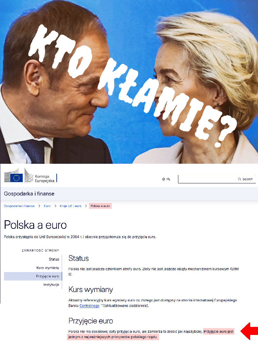 placzekgrzegorz's tweet photo. Niezła farsa! Szanowny Pan premier Donald Tusk unika publicznie tematu wprowadzania waluty Euro w Polsce jak ognia, a Minister Finansów twierdzi, że jest „w tej chwili przeciwnikiem wchodzenia Polski do strefy euro”… Problem jednak polega na tym, że na oficjalnej stronie Komisji Europejskiej (w sekcji poświęconej walucie Euro i Polsce) można znaleźć oficjalną informację, iż: „PRZYJĘCIE EURO JEST JEDNYM Z NAJWAŻNIEJSZYCH PRIORYTETÓW POLSKIEGO RZĄDU”. Chciałbym zatem na spokojnie w tej sytuacji dopytać … kto dokładnie okłamuje Polaków? Rząd w Warszawie, czy Bruksela?

A pytanie jest kluczowe, bowiem jeśli polski rząd, za plecami Polaków, dąży do wprowadzenia waluty Euro w Polsce (traktując tę kwestię PRIORYTETOWO) doprowadzi to do: utraty kontroli nad polityką monetarną, oddania kontroli nad polityką pieniężną Europejskiemu Bankowi Centralnemu (EBC), ryzyka wzrostu cen, wzrostu kosztów dostosowania gospodarki, kosztownych reform i cięć budżetowych, wzrostu ryzyka w czasie kryzysów, kryzysu zadłużeniowego Polski, utraty suwerenności monetarnej na rzecz skorumpowanych struktur unijnych i utraty narodowej waluty jako symbolu suwerenności Polski!

Polacy powinni znać prawdę - ponawiam zatem pytanie: KTO KŁAMIE?