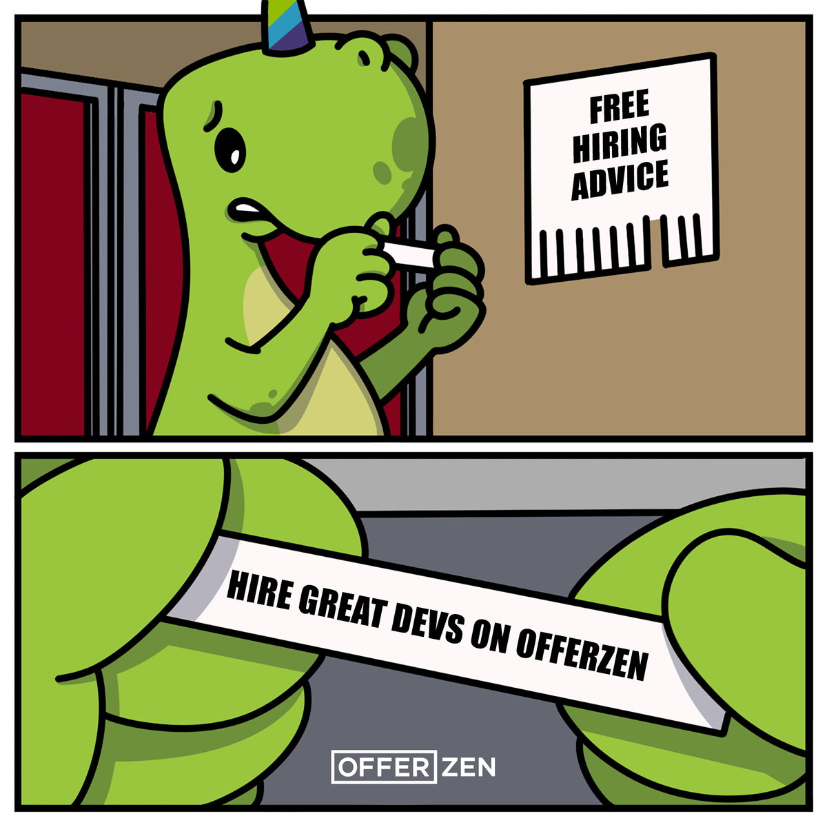 OfferZen's tweet image. Hiring advice so easy it fits on a tear-off flyer.