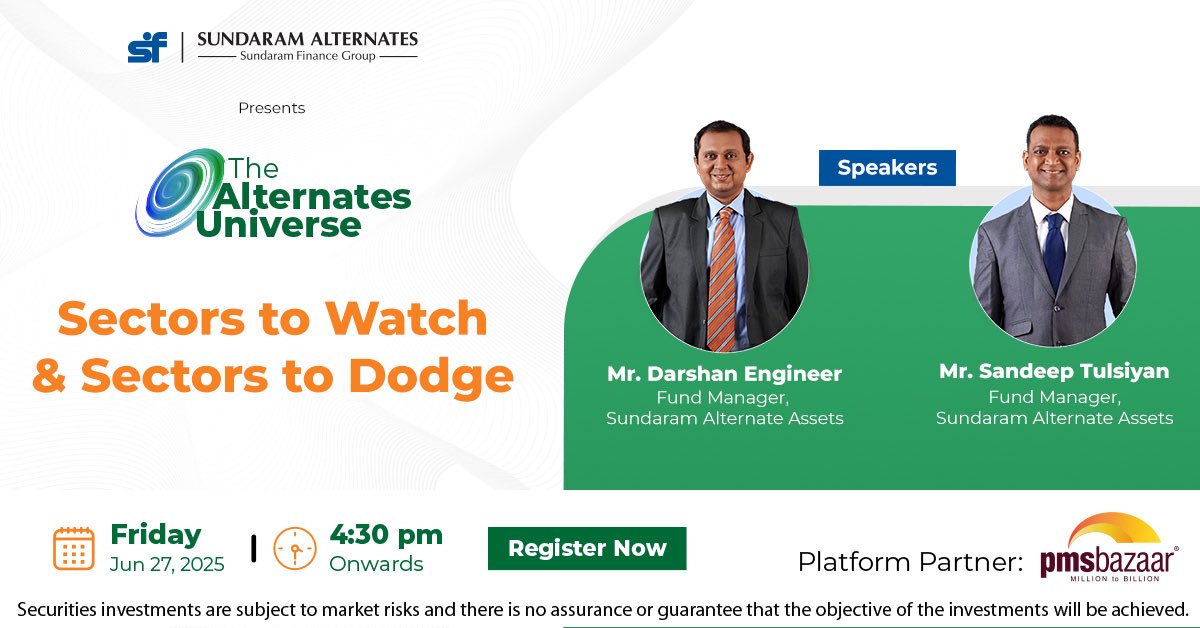 Sundaram Alternates (@sundaramalt) on Twitter photo Join us for Ep. 12 of #TheAlternatesUniverse , featuring Mr. Darshan Engineer and Mr. Sandeep Tulsiyan, Fund Managers, Sundaram Alternate Assets.
Register now: pmsbazaar.com/Webinar
Platform Partner: <a href="/PmsBazaar/">pms bazaar</a>
#PMS #AIF #SundaramAlternates Join us for Ep. 12 of #TheAlternatesUniverse , featuring Mr. Darshan Engineer and Mr. Sandeep Tulsiyan, Fund Managers, Sundaram Alternate Assets.
Register now: pmsbazaar.com/Webinar
Platform Partner: <a href="/PmsBazaar/">pms bazaar</a>
#PMS #AIF #SundaramAlternates