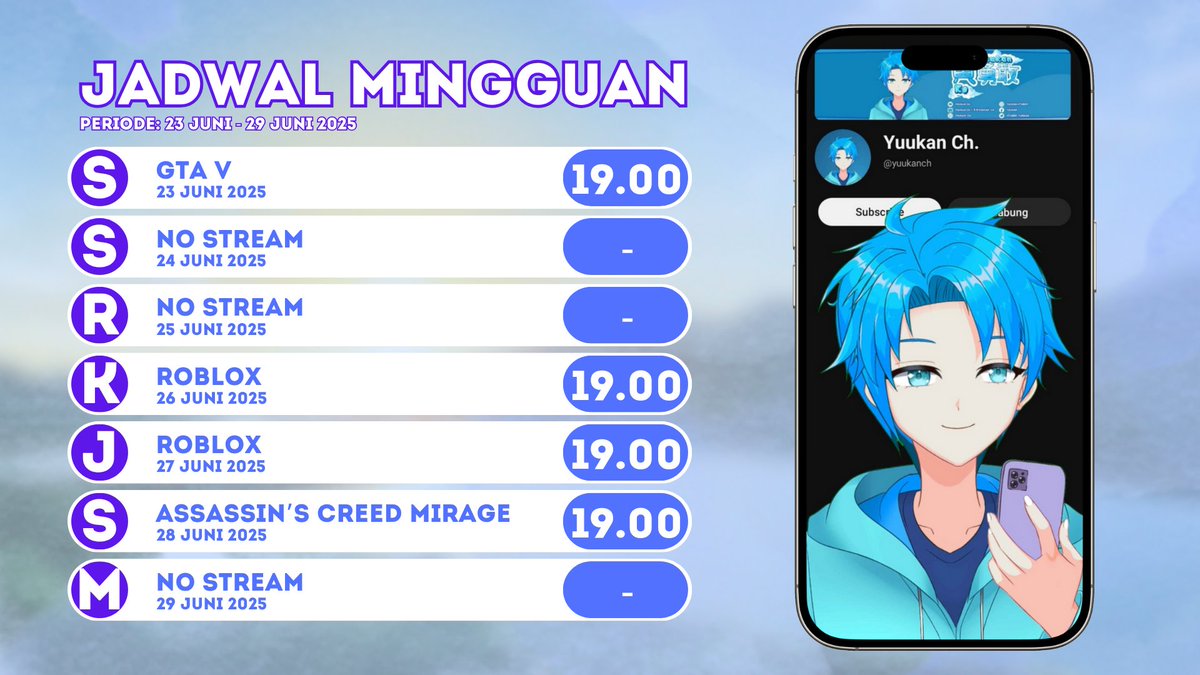 vtuber_yuukan's tweet photo. Jadwal Stream Mingguan Yuukan
Periode: 23 Juni - 29 Juni 2025
*Jadwal dapat berubah sewaktu-waktu*
#YuukanCh #youtube #vtuber #vtuberen #vtuberid #stream #streamer #weeklyschedule #schedule #jadwal https://t.co/E0kIOOsRNf