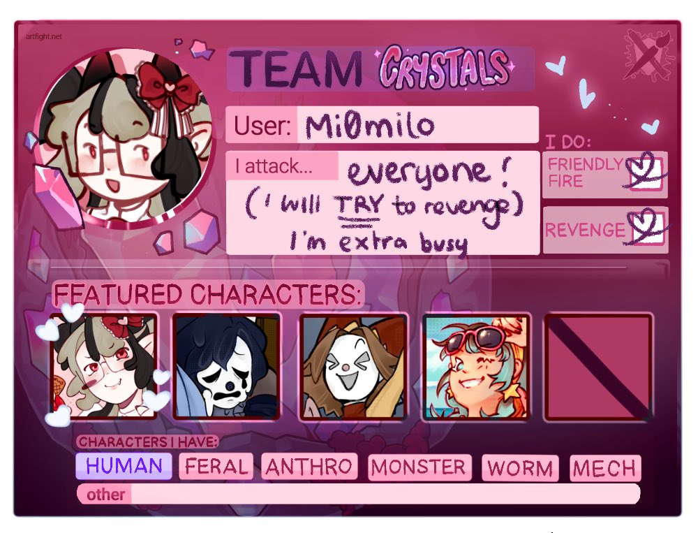 Mi0miLO's tweet image. Art fight team card 😛
Let’s go team crystals 🗣️🗣️
#artfight2025 #artfight #artmoots