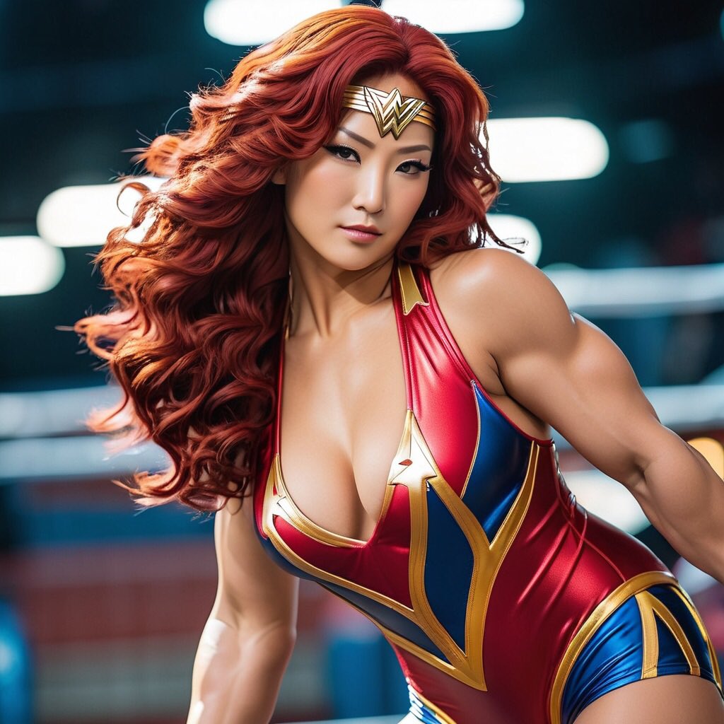 World__WW's tweet photo. Red haired japanese Wonder Woman as a wrestler #dc #dccomics #wonderwoman #superhero #ai #art #aigirl #dcu #dceu #galgadot #mcu #gal #gadot #wwe #wrestler #sexy #black #blue #beautiful #Japan #japanesebeauty #japanese #japanesegirl https://t.co/6cwfLQpHva