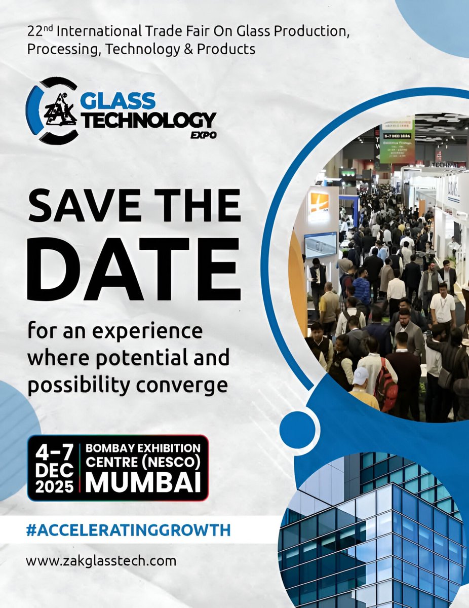 Snitaryclue's tweet image. Explore via whatsapp: l.sanitaryclue.in/t7hYMY

Join the 22nd Zak Glass Technology Expo and explore cutting-edge innovations in glass production.
📷 Venue: Bombay Exhibition Centre (NESCO), Mumbai
+919667627359
📷 zakglastech.com

#ZakGlassExpo #GlassTechnology