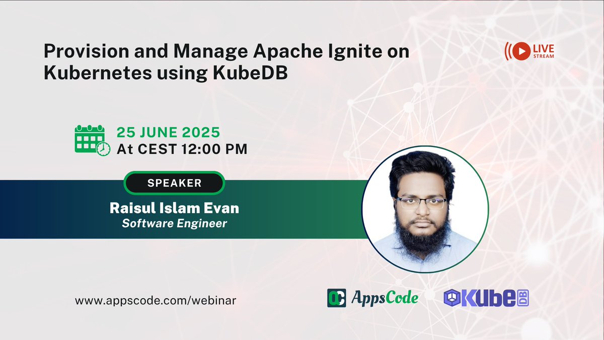AppsCodeHQ's tweet image. Webinar Alert: Provision and Manage Apache Ignite on Kubernetes using KubeDB 🚀 
Join us for an in-depth webinar on Apache Ignite! 
📅 When: 25 June 2025, CEST 12:00 PM
🔗 Register now: appscode.com/webinar/
#AppsCode #KubeDB #ApacheIgnite