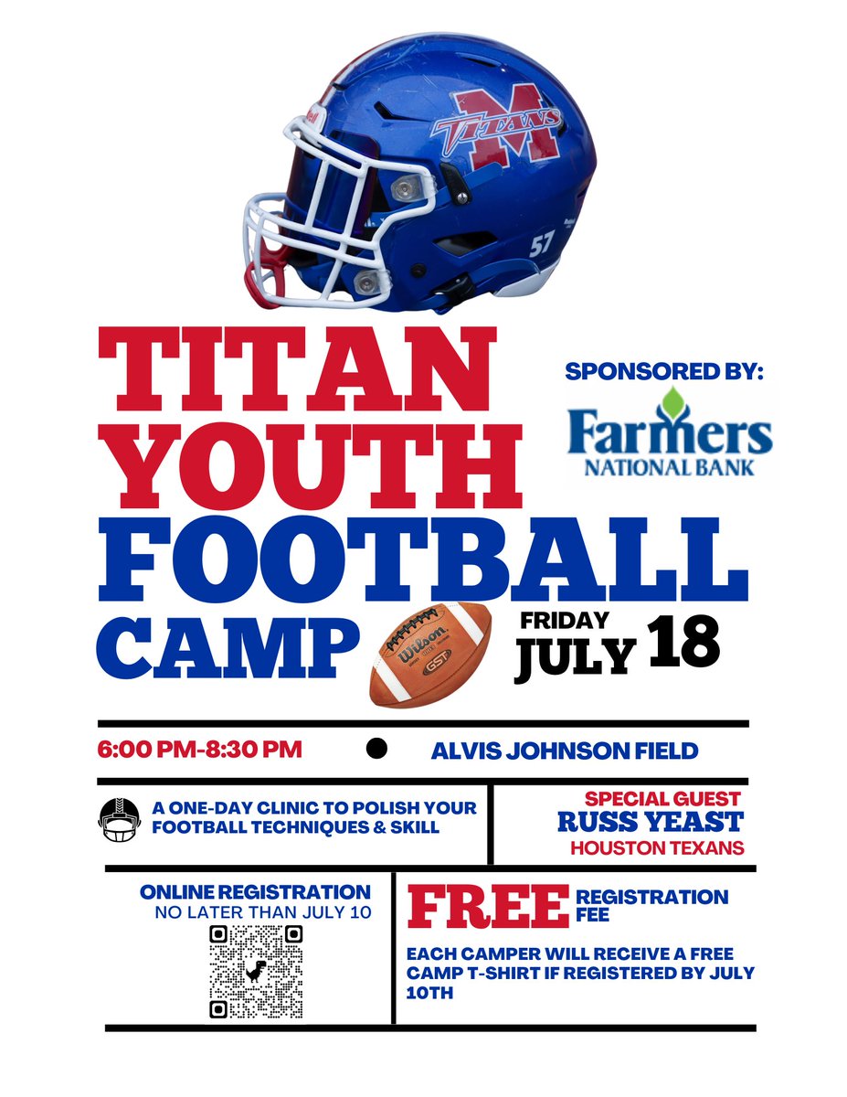 Mark you calendar &amp; get signed up for our FREE youth  camp by July 10th  to ensure you get your T-shirt!

Huge thank you goes out to Farmers National Bank!

 If shout to Jam Sports!

We’re excited to have Russ Yeast join us as our special guest coach!

docs.google.com/forms/d/e/1FAI…