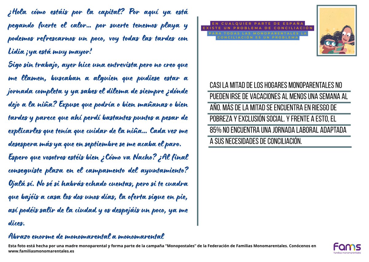 📬Os dejamos las monopostales que  buzoneamos la semana pasada, contando los problemas de conciliación de las monoparentales desde diferentes narrativas. 🗣 ¡Urge que no sólo se hable de conciliación, sino alcanzarla!
Más información sobre la campaña: goo.su/WfPSkA