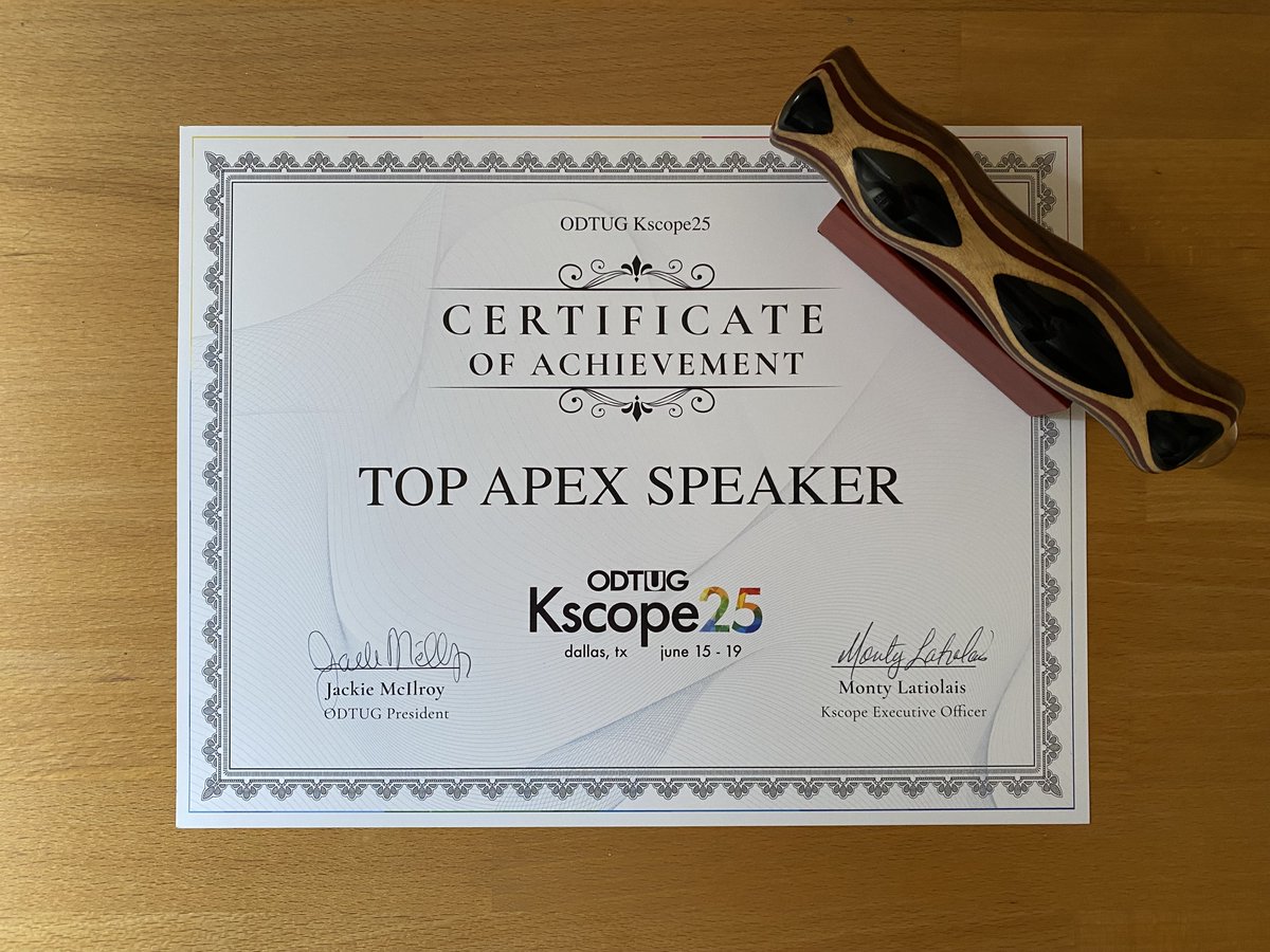 Kevin Thyssen (@kevinthyssen) on Twitter photo Back home after #Kscope25 and a <a href="/united_codes/">United Codes</a> team weekend! As always, it was a great conference with an excellent #orclAPEX track, lead by <a href="/keeganwalker_/">Keegan</a>.
And receiving the award for Top APEX Speaker, together with <a href="/phartenfeller/">Philipp Hartenfeller</a>, was the cherry on top of the cake! Back home after #Kscope25 and a <a href="/united_codes/">United Codes</a> team weekend! As always, it was a great conference with an excellent #orclAPEX track, lead by <a href="/keeganwalker_/">Keegan</a>.
And receiving the award for Top APEX Speaker, together with <a href="/phartenfeller/">Philipp Hartenfeller</a>, was the cherry on top of the cake!