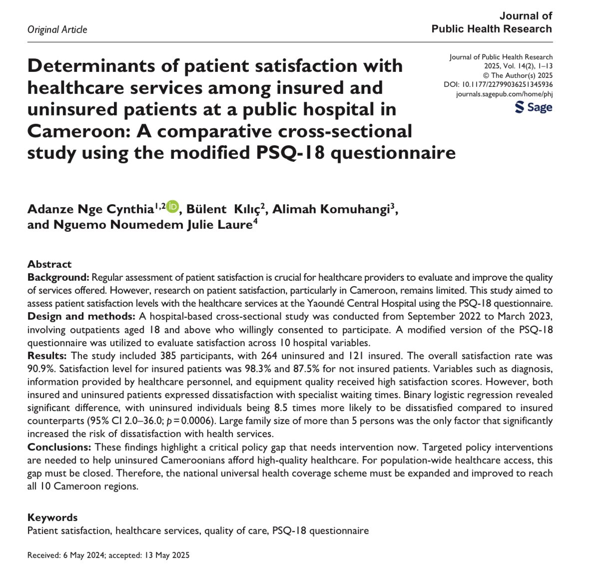 NgeCynthia's tweet photo. Latest #publication alert. 
Link: https://t.co/CcMaQgaECI
Thank you #journalofpublichealthresearch and entire @Sage_Publishing for the assistance.
#patientsatisfaction is a key indicator of quality #healthcare services and should not be overlooked 

#cameroon #ResearchPaper https://t.co/3nYPsSbxm8