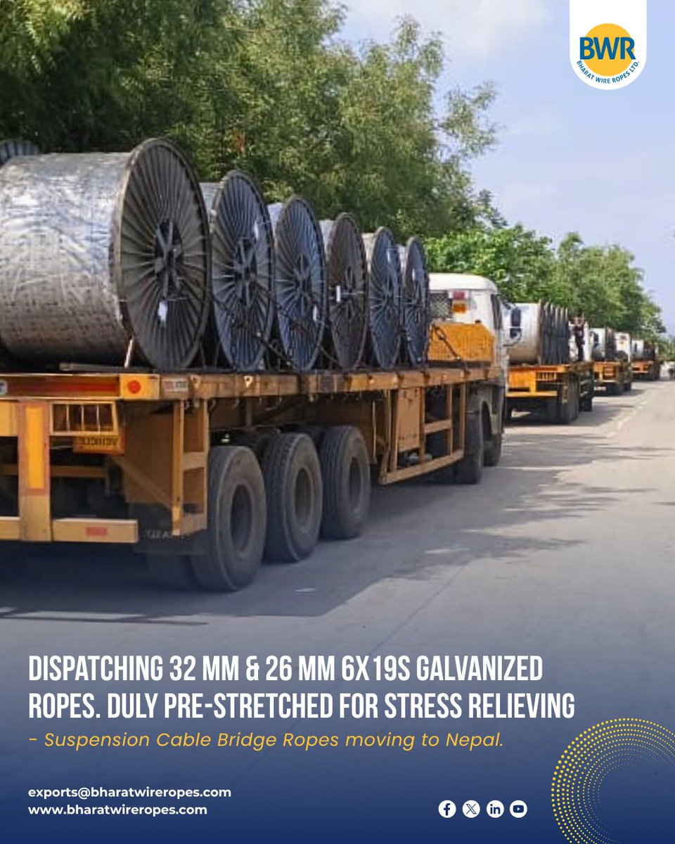 BharatWireRope's tweet photo. We're proud to dispatch our 32 mm &amp; 26 mm 6x19S galvanized wire ropes — pre-stretched for stress relief. For a major suspension cable bridge project in Nepal.
Built with precision, engineered for performance.
🌐 Visit us: https://t.co/qz4WOrvzu8 https://t.co/B3kCg2Uouf