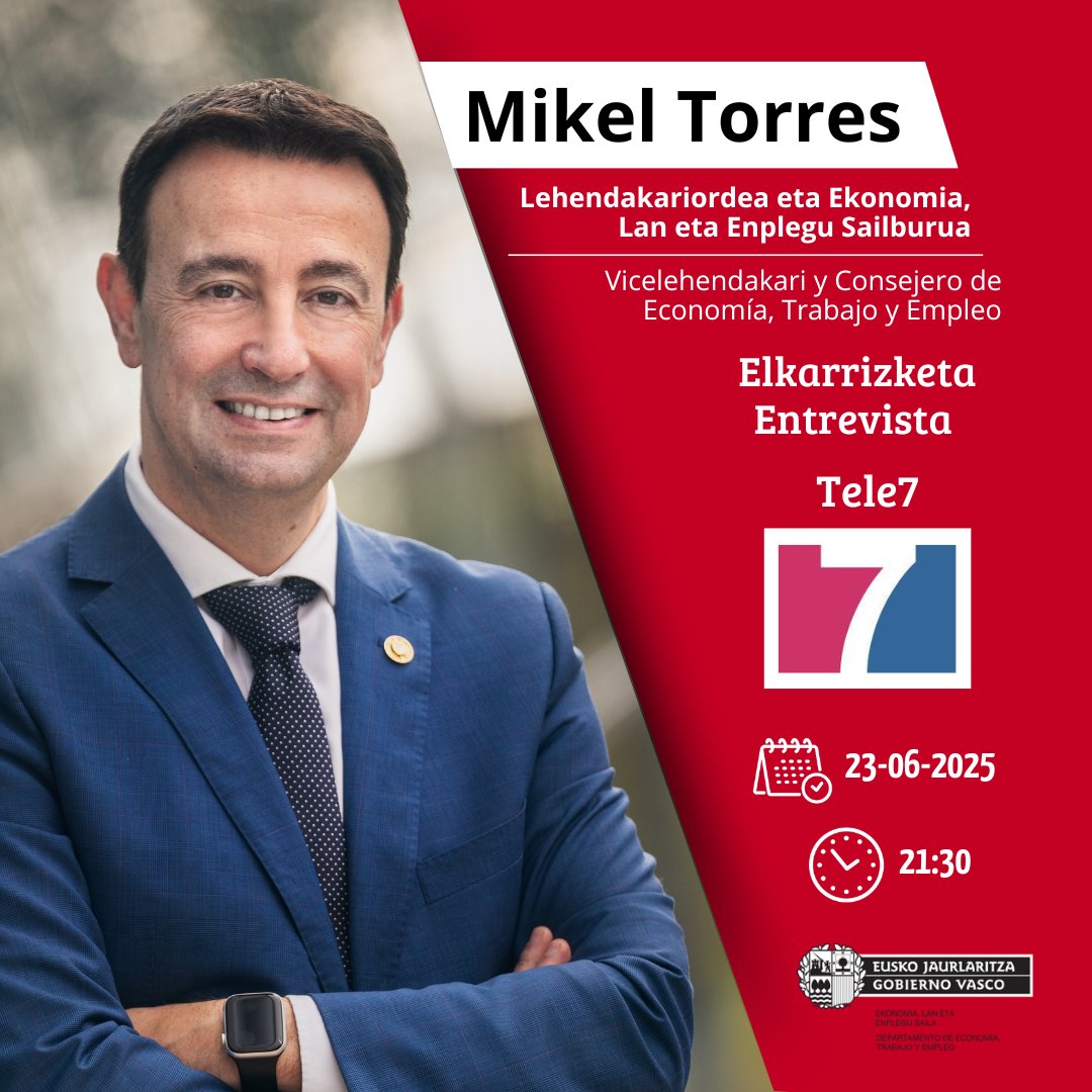 Ekonomia_ejgv's tweet photo. 🎙️Entrevista al vicelehendakari @MikelTorresEJGV, hoy a las 21:30h en @Tele7Noticias 
-------- 
🎙️Mikel Torres lehendakariordeari elkarrizketa, gaur 21:30ean #Tele7 telebistan.

🔴https://t.co/vOhg1S8gfm https://t.co/X0ZSJkoBnl